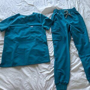 Figs scrub set, rare Pacific Blue Teal Green, Catarina one pocket top + pants